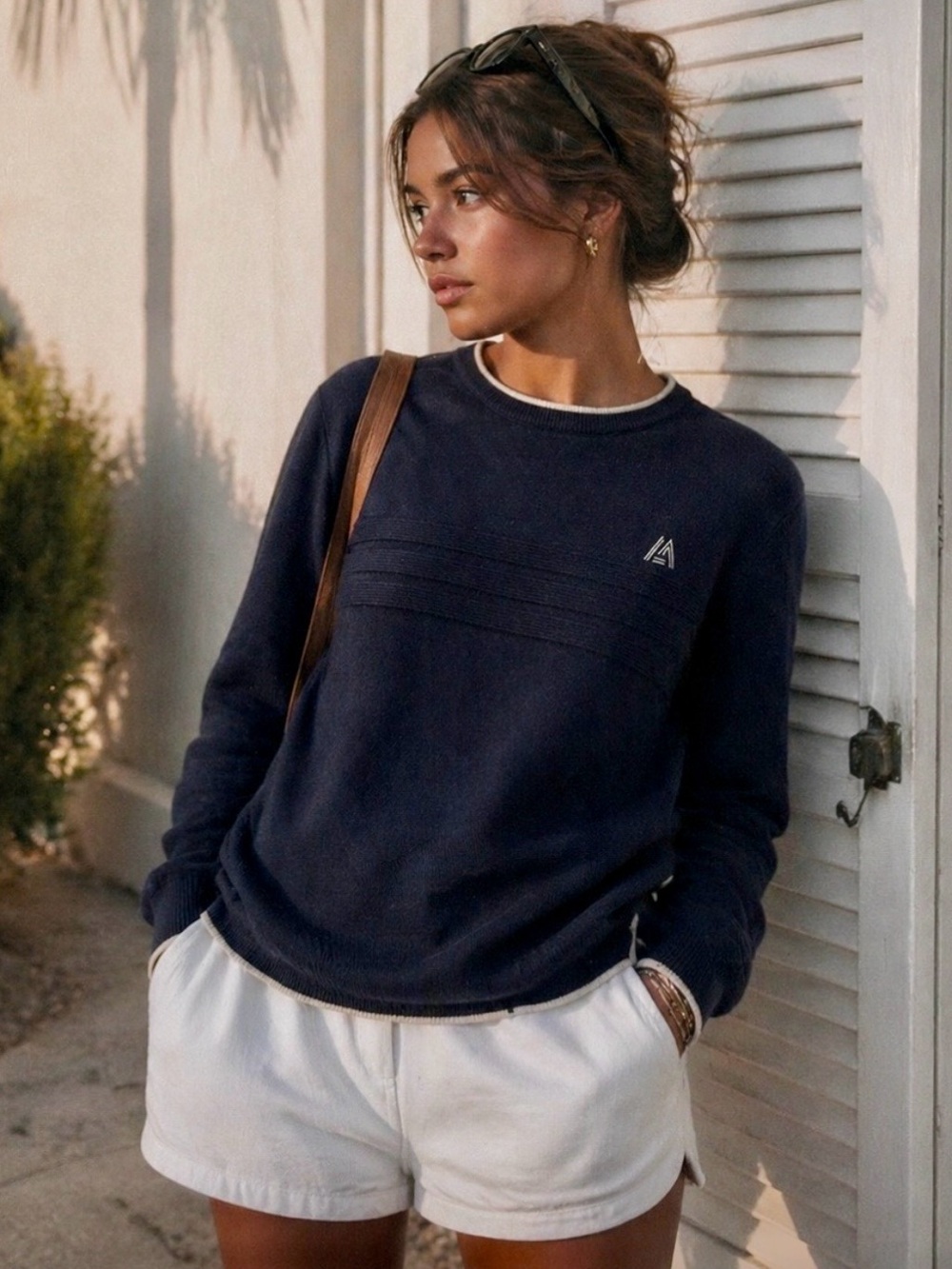 Navy & Cream Crewneck Sweater M | Minimalist Coastal Preppy Tennis Quiet Luxury